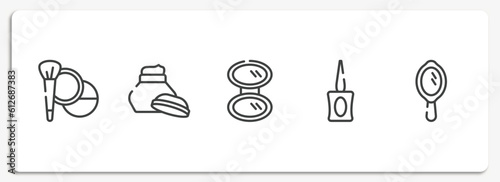 beauty outline icons set. thin line icons sheet included cosmetic, hand cream, pocket mirror, parfum bottle, hand mirror with shine vector.