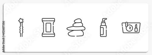 beauty kit outline icons set. thin line icons sheet included two hairpins, makeup remover wipes, spa stones, liquid makeup, makeup purse vector.