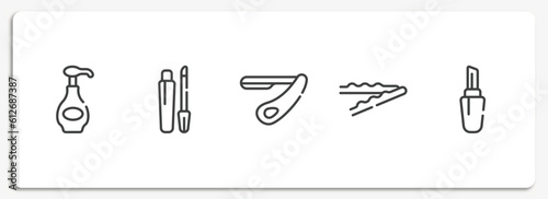 pretty outline icons set. thin line icons sheet included body lotion, gloss, straight razor, bobby pins, lipstick with cover vector.