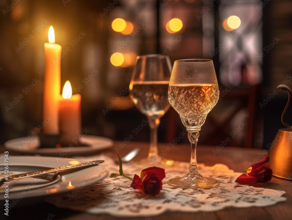 Romantic dinner setting with flowers and silverware, candle and red rose on table. Generative AI