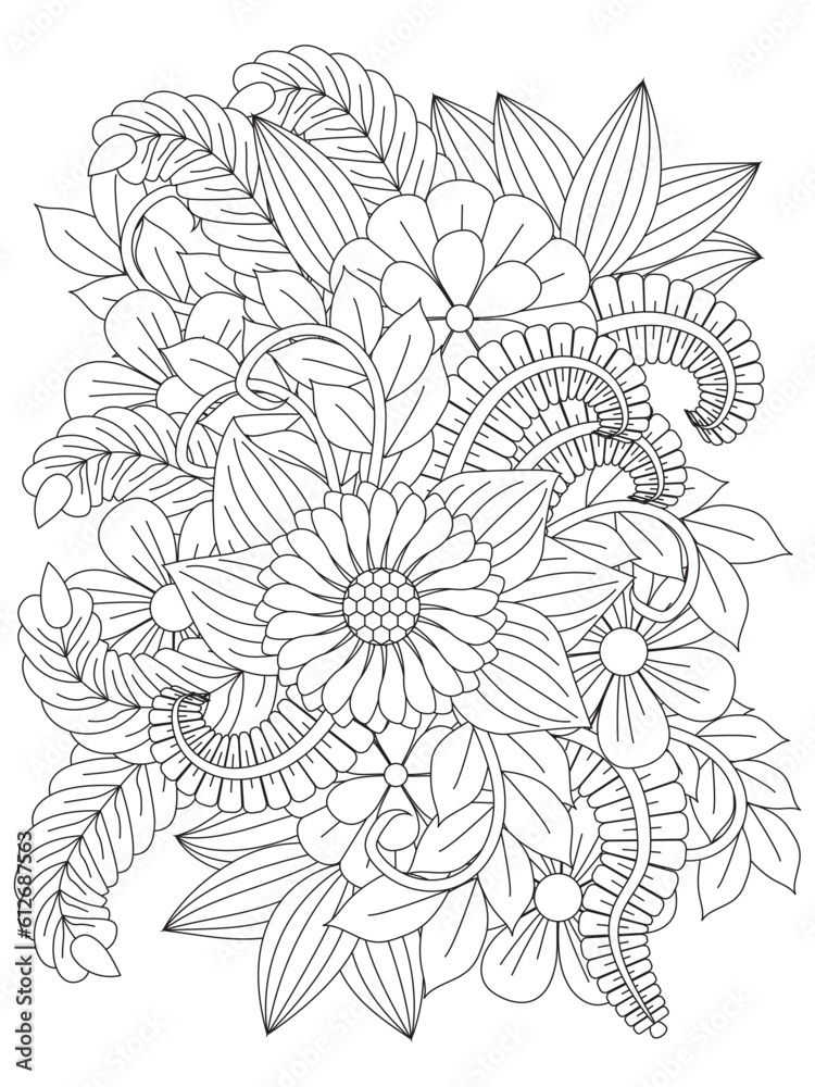Black and white flower pattern for coloring. Doodle floral drawing. Doodle beautiful flowers art for adult coloring book.