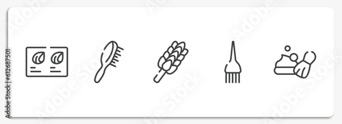 hairdressing and barber outline icons set. thin line icons sheet included hair color sample, hair brush, whisk, hair dye brush, shaving foam vector.