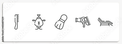 spa outline icons set. thin line icons sheet included one comb, samovar, shaving brush, hairdryer and comb, sunbed vector.