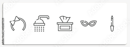 pretty outline icons set. thin line icons sheet included hair tie, bathing, tissues, cat eye glasses, lima vector.