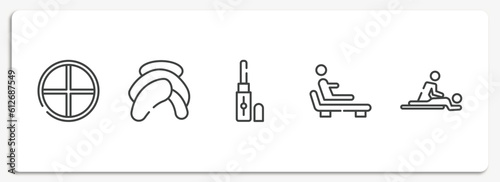 pretty outline icons set. thin line icons sheet included tray, head towel, concealer, relaxing, massages vector.