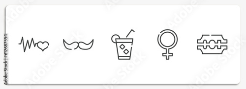 hairdressing and barbershop outline icons set. thin line icons sheet included cardiogram, facial hair, ice tea, femenine, razorblade vector.