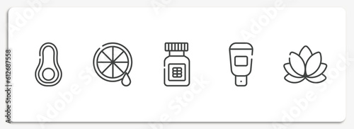 spa & wellness outline icons set. thin line icons sheet included avocado, lemon juice, proteins, hair softener, lily vector.