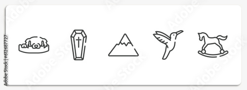 horses outline icons set. thin line icons sheet included dog resting, coffin, mountain range, hummingbird, horse rocker vector.