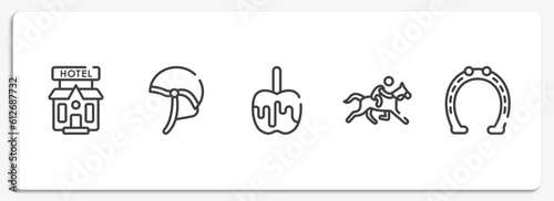 horses outline icons set. thin line icons sheet included pets hotel, jockey hat, caramelized, race horse with jockey, horseshoe tool vector.