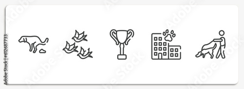 dogs outline icons set. thin line icons sheet included dog shitting, birds group, trophy cup, hotel building, dog and a man vector.