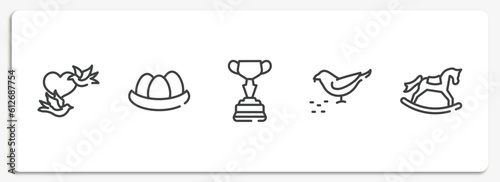 horses outline icons set. thin line icons sheet included birds couple, egg in a nest, horses races trophy, bird eating seeds, rocker horse vector.