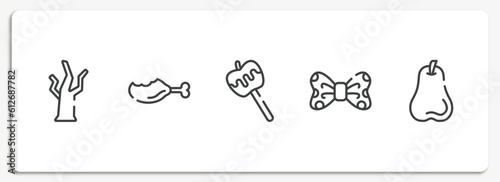 thanksgiving outline icons set. thin line icons sheet included dead tree, leg, caramel, bow tie, pear vector.