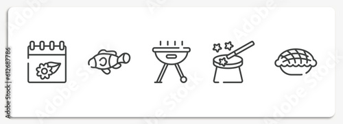 thanksgiving outline icons set. thin line icons sheet included season, clown fish, , magic wand, pie vector.