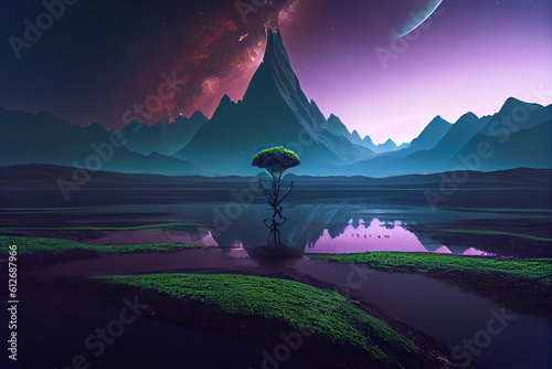 an alien planet in the Andromeda galaxy plants trees water ,Concept style illustration, concept design scenes