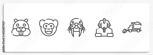 winter nature outline icons set. thin line icons sheet included beaver, monkey, walrus, sphinx, snowplow vector.