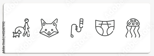 nature outline icons set. thin line icons sheet included walking the dog, fox, teasing stick, diapers, jellyfish vector.