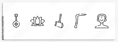 africa outline icons set. thin line icons sheet included banjo, lotus, shovel, scythe, african man vector.