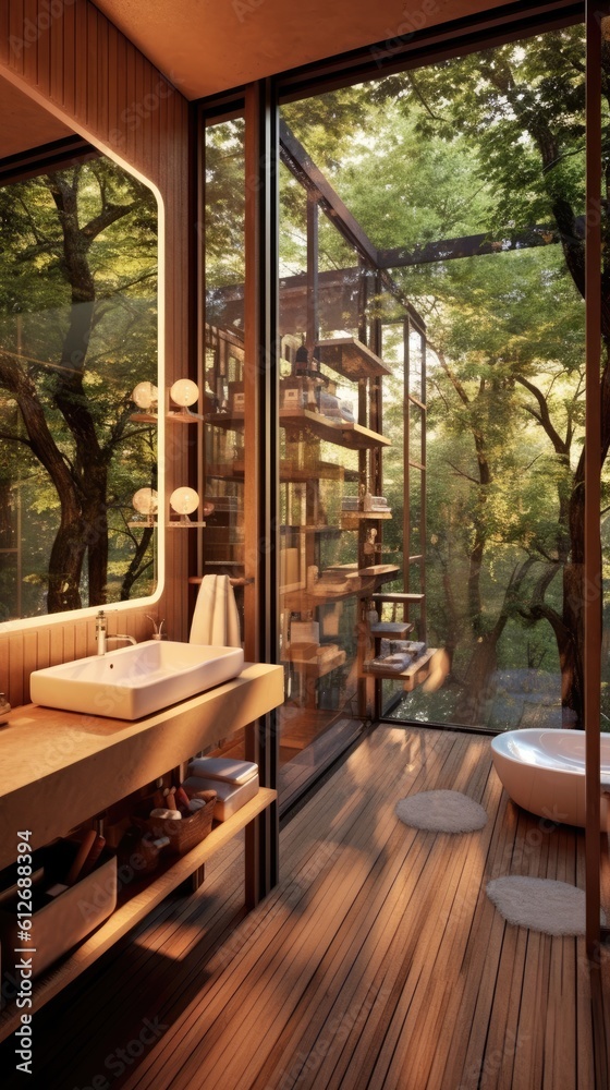 Modern Luxury Tree House Design Bathroom Interior Style Background - Bathroom in the Modern Luxury Tree House Apartment Design Indoor Home Decor Wallpaper created with Generative AI Technology