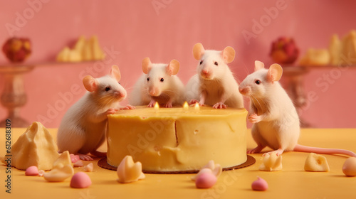 mouse and cheese-eating cake on the pink background. Generative Ai