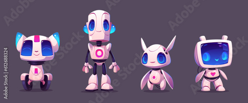 Cute ai robot evolution mascot cartoon vector set. Digital modern computer bot design icon isolated. Artificial intelligence mechanical companion friend for communication and education in internet.