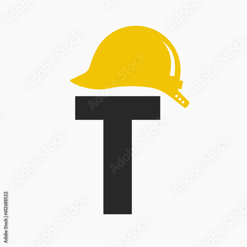 Letter T Helmet Construction Logo Concept With Safety Helmet Icon. Engineering Architect Logotype