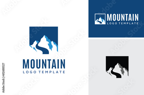 Simple Modern Mountain Landscape Logo Design Vector, Rocky Ice Top Mount Peak Silhouette