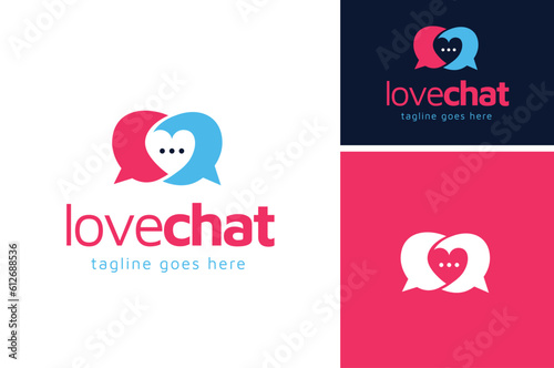 Bubble chat inbox message with heart love shape for valentine romance couple talk conversation messenger logo design apps