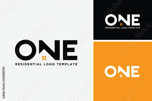 One 1 typography lettering word mark with Window House for Home Housing Residential Real Estate logo design