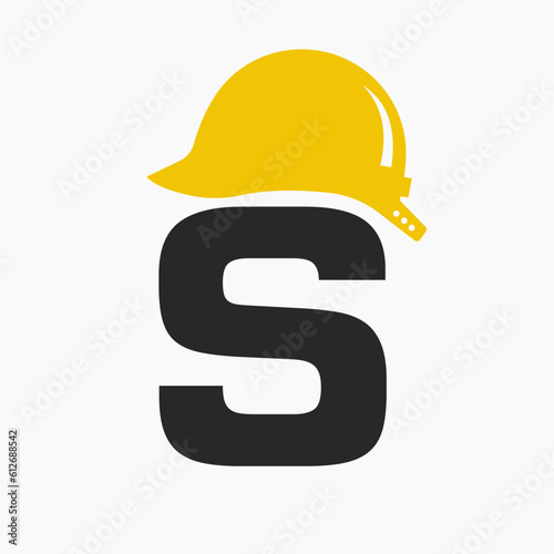 Letter S Helmet Construction Logo Concept With Safety Helmet Icon. Engineering Architect Logotype