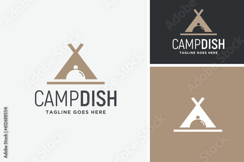 Lid Cloche Dome Food Cover with Camp Tent symbol for Outdoor Menu Dish or Food Meal Restaurant logo design