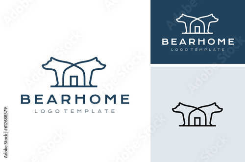Twins Arctic Polar Bears House with simple mono line art style for home building real estate residential logo design