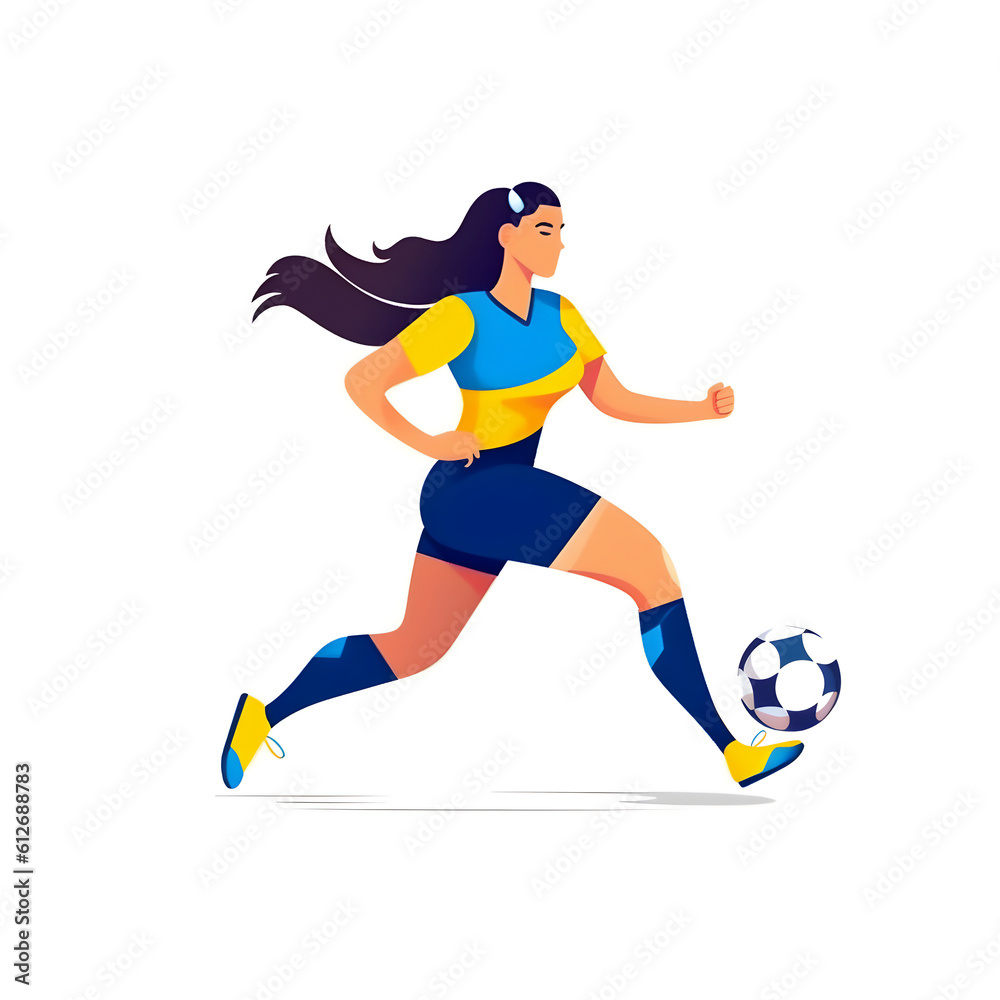 A woman soccer player with a ball in a flat illustration on a white backdrop, representing the essence and competitive spirit of the Women's World Cup. Generative AI