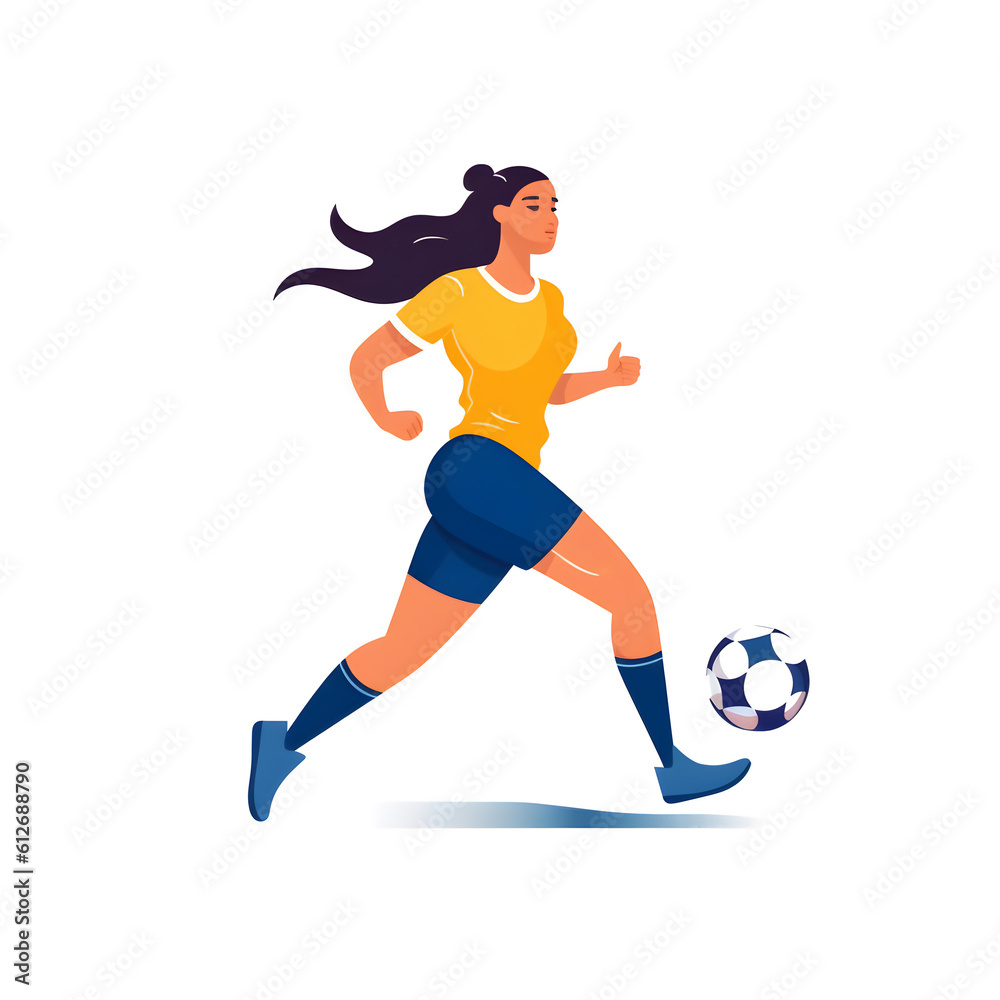 Flat illustration on a white background featuring a female soccer player confidently in possession of the ball, capturing the spirit of the Women's World Cup. Generative AI