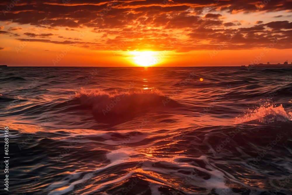 sunset over the wave crashing sea created with Generative AI technology