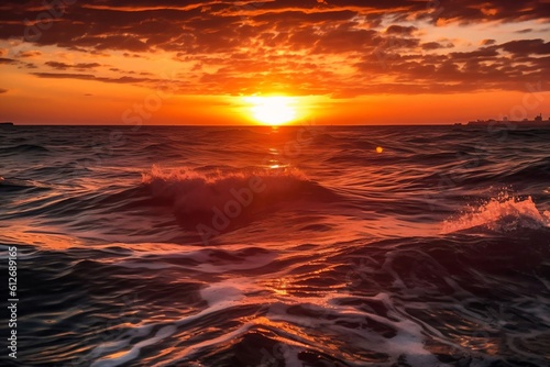 sunset over the wave crashing sea created with Generative AI technology