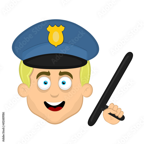 vector illustration face man cartoon blonde blue eyes with a police cap and nightstick