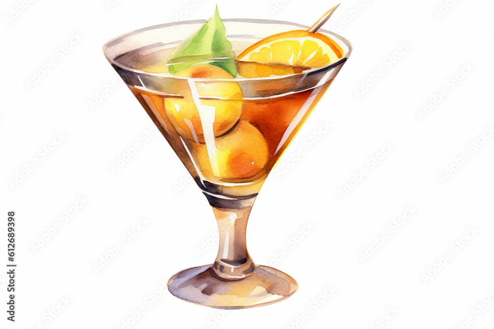 Watercolor illustration tini cocktail in the glass with slice of orange. Generative AI Watercolor illustration tini cocktail in the glass with slice of orange. Generative AI