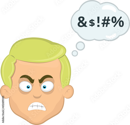 vector illustration face blond man blue eyes cartoon, angry with a cloud of thought and an insult text