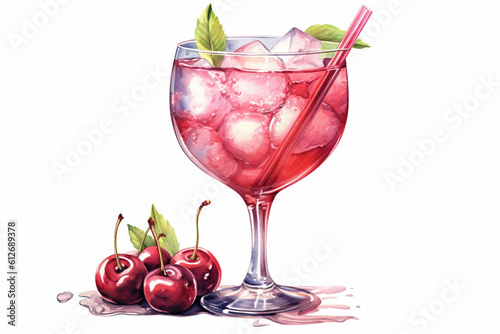 Watercolor cosmopolitan cocktail with cherry illustration. It can be used for menu, card, postcard, banner, poster. Generative AI
