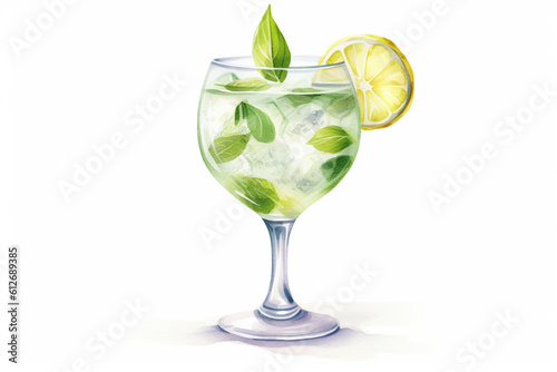 Watercolor illustration of basil spritz coctail with lime in the stemmed glass. Generative AI