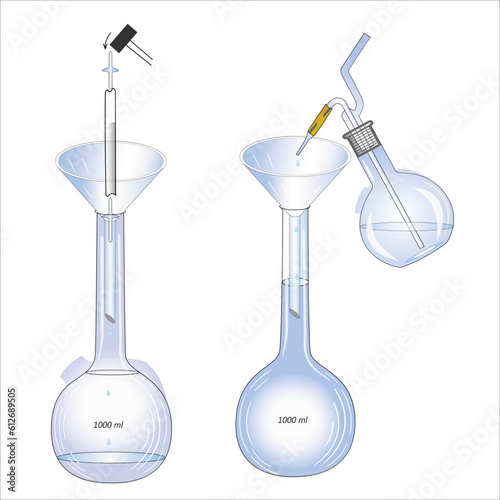 an illustration of a chemical experiment: the process of preparing a fixanal solution in two volumetric flasks using a funnel and a hammer, a glass striker and a flask with distilled water for washing