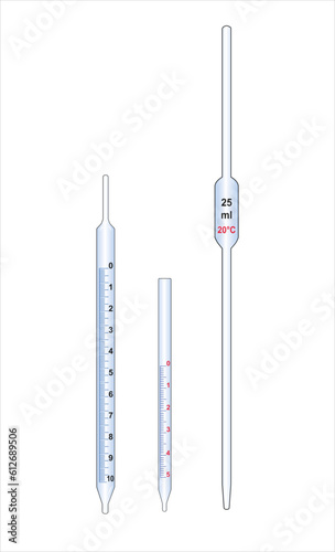 2D illustration of graduated pipettes, 10 ml, 5 ml and a Mohr pipette 25 ml