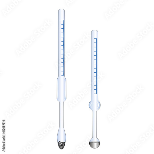 Glass hydrometers or areometers (alcohol meters) used for determining the density of a liquid. Vector 2D illustration in cartoon style isolated on white background photo