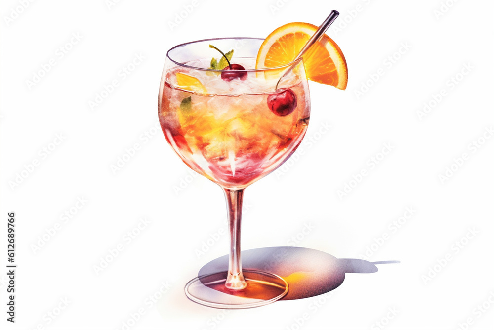 Watercolor illustration tini cocktail in the stemmed glass with slice of orange. Generative AI Watercolor illustration tini cocktail in the stemmed glass with slice of orange. Generative AI