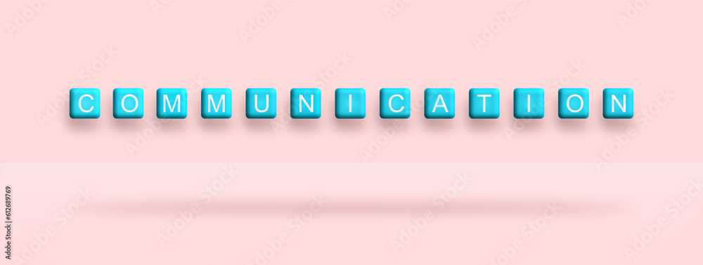 Obraz premium Cube box text communication and shadow text on isolated background. Banner block communication. Illustration 3D for content contact, network, communicate, social media