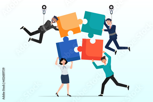 Obraz na plátně Business people team succeed solve jigsaw puzzle
