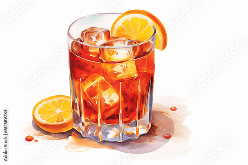 Watercolor illustration of Negroni Sbagliato coctail in the glass with slice of orange. Generative AI photo