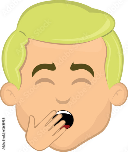vector illustration face of cartoon blond man yawning with hand on mouth