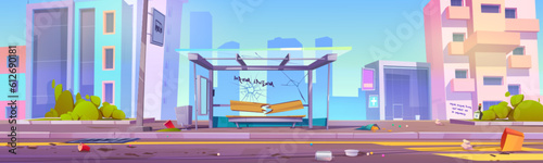 Abandoned city broken bus stop station with crack cartoon background. Modern dirty public glass transport construction on highway. Criminal and violence in town scene with nobody outdoor concept