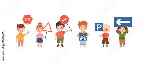 Set of happy kids holding road signs flat style, vector illustration